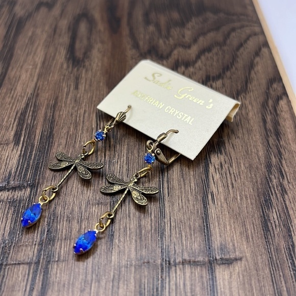 Blue Austrian Crystal Dragonfly Earrings. Brass Findings Dangling Earrings Blue - Picture 10 of 11